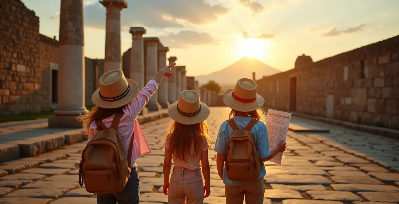 Bambini con cappelli da esploratore che osservano le rovine di Pompei attraverso lenti speciali