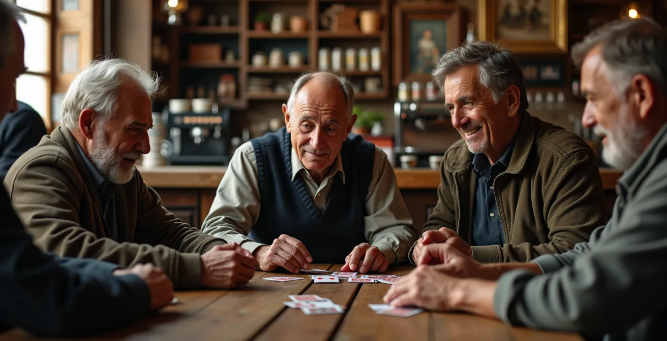 Interno di un bar tradizionale di paese con anziani che giocano a carte e conversano al bancone