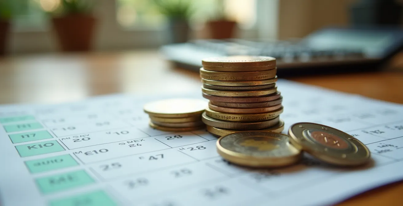 Vista macro di calendario con monete e calcolatrice per pianificazione fiscale domestica