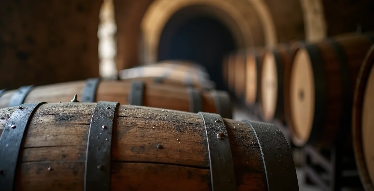 Cantina sotterranea tradizionale con botti di rovere e degustazione intima