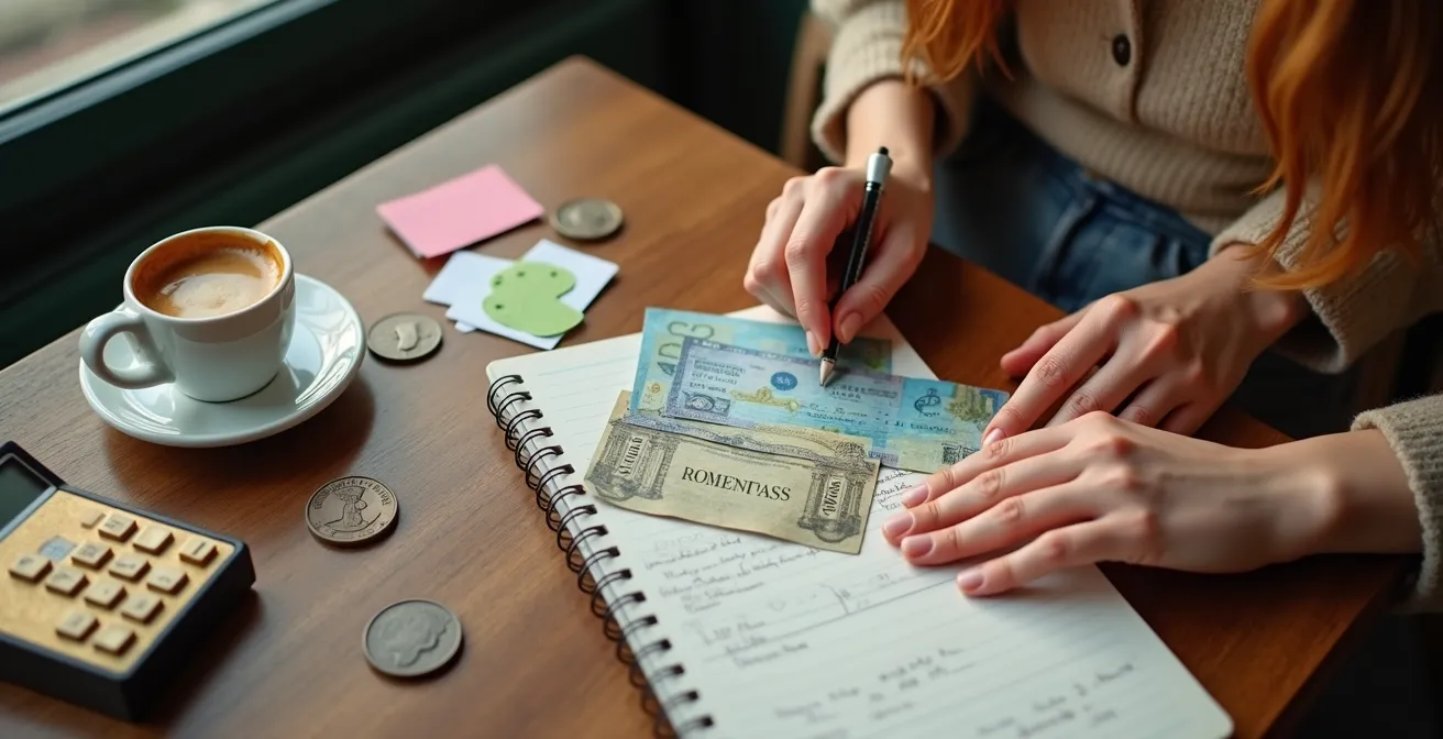 Mani che tengono card turistiche e biglietti musei con calcolatrice vintage