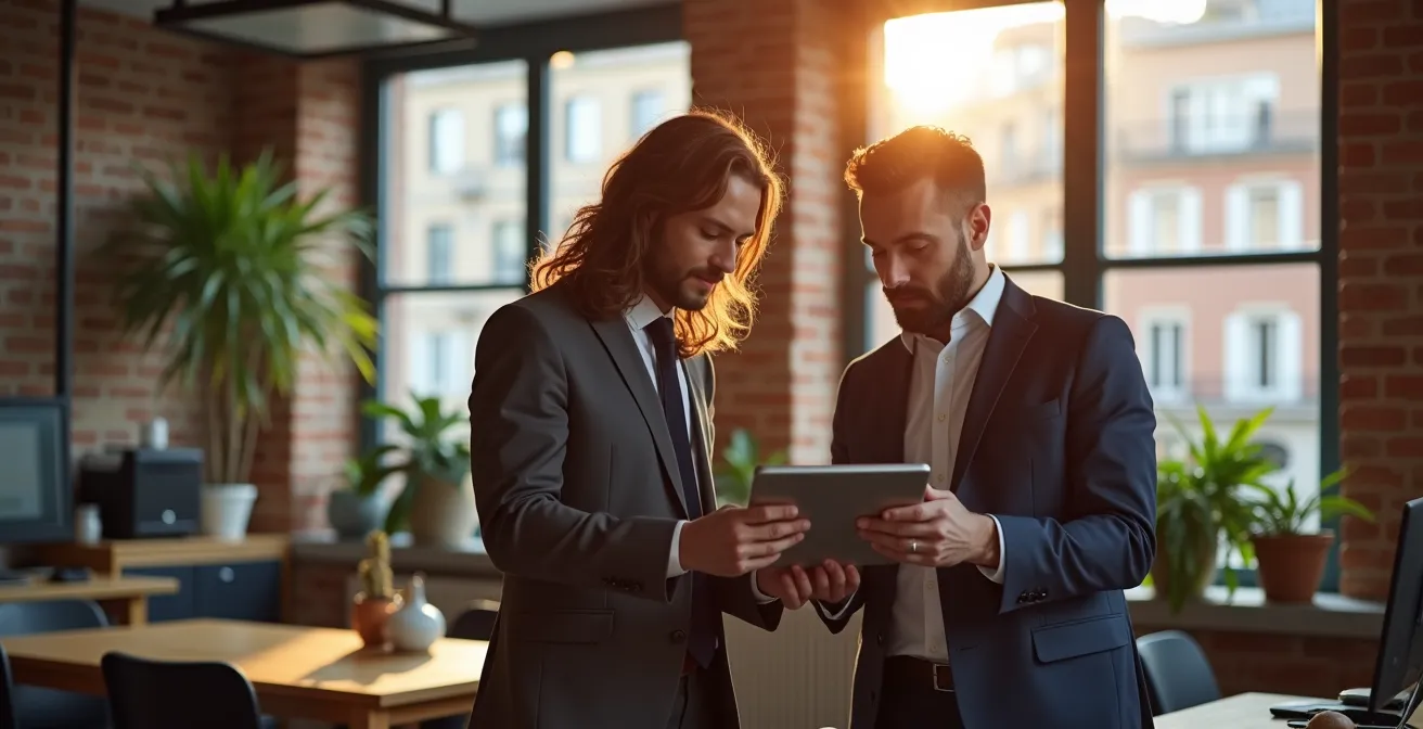 Professionisti italiani in un moderno ufficio open space analizzano dashboard di dati su tablet, con vista panoramica su città italiana