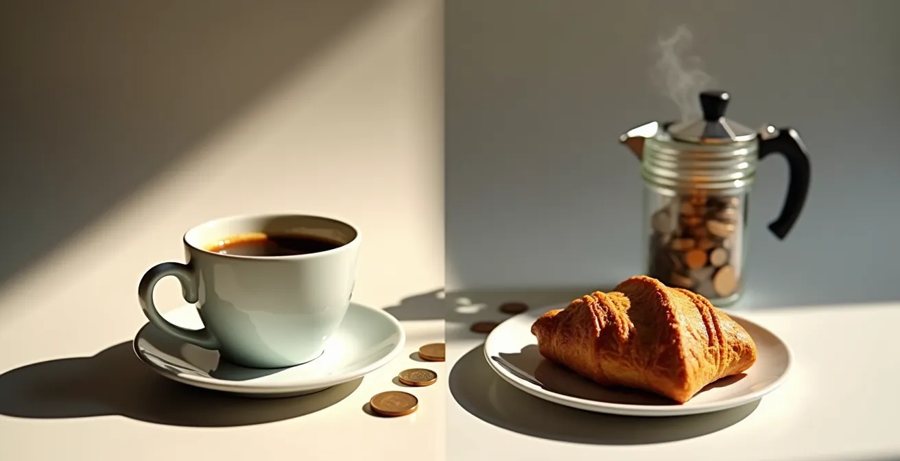 Confronto visivo tra colazione al bar e colazione preparata a casa con moka italiana