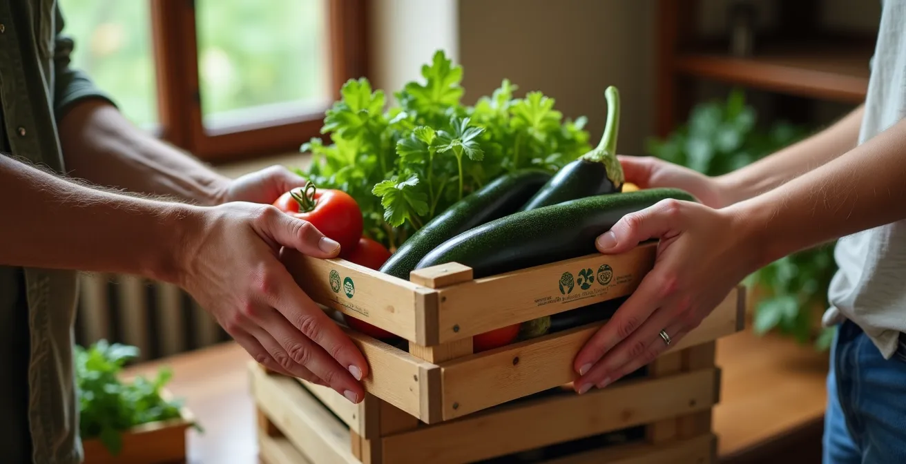 Mani che scambiano cassetta di verdure biologiche in un gruppo di acquisto solidale