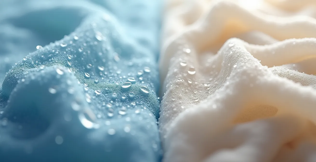 Vista macro delle fibre di poliestere sintetico e cotone biologico italiano a confronto