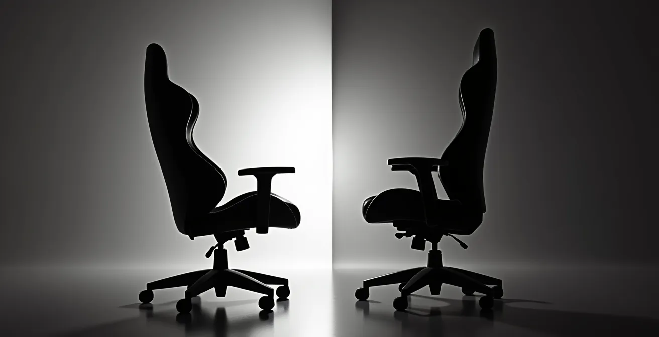 Confronto visivo tra una sedia da gaming e una sedia operativa con focus sul supporto lombare