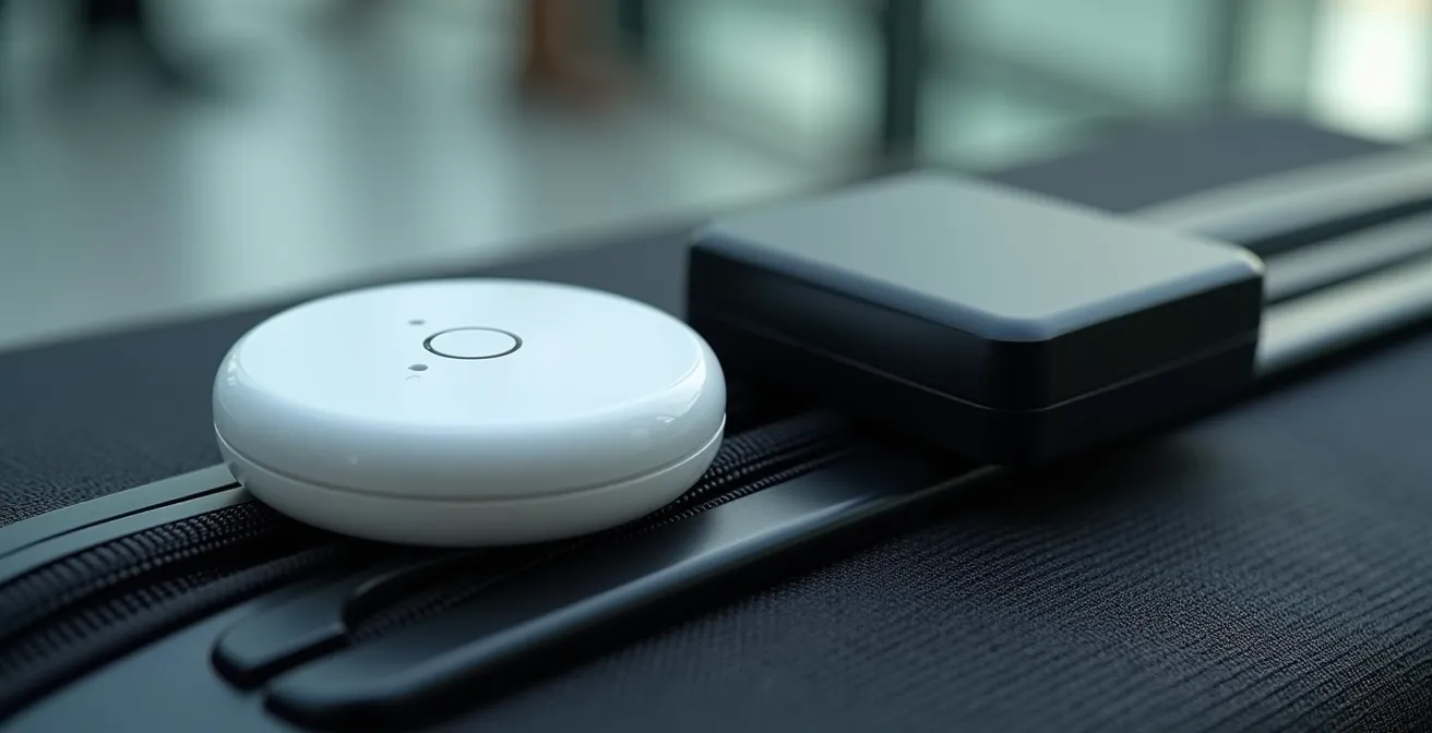 Confronto visivo tra AirTag e tracker GPS posizionati su valigia in aeroporto italiano