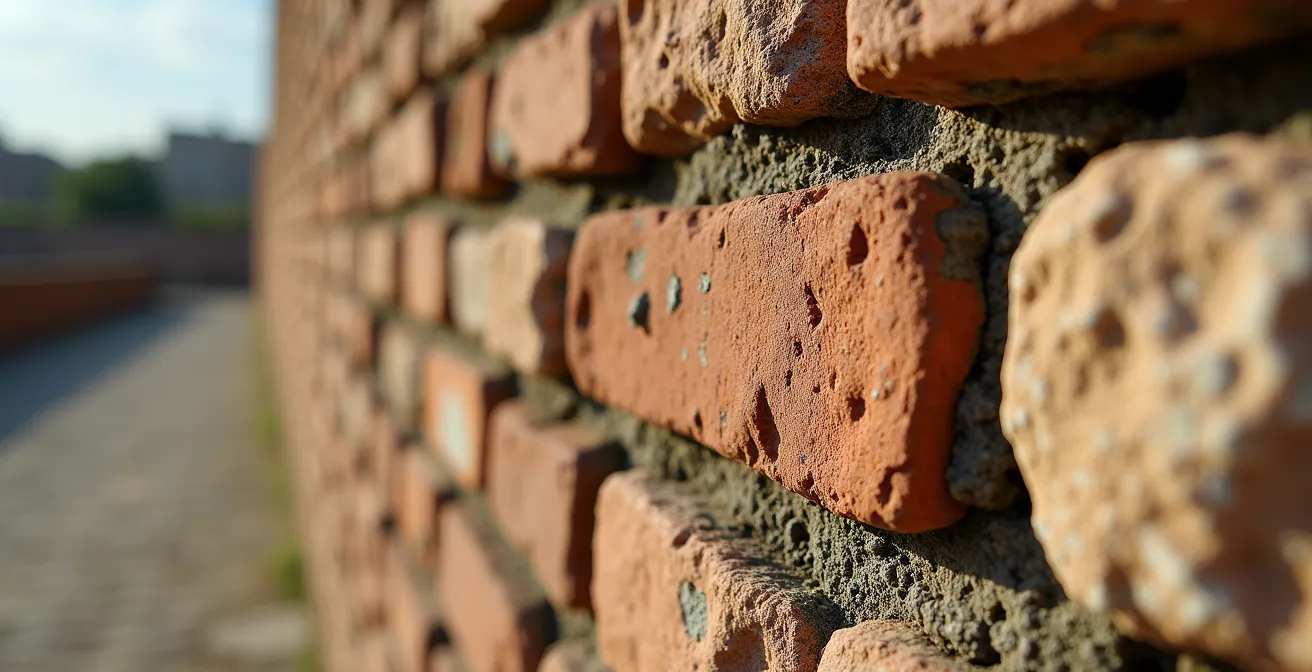 Primo piano di mura medievali italiane con diverse stratificazioni storiche visibili