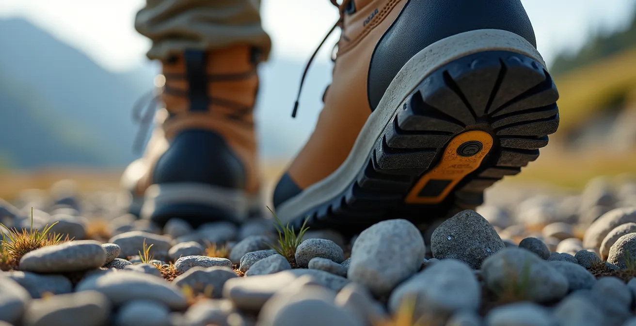 Primo piano di uno scarpone da trekking su terreno ghiaioso dolomitico