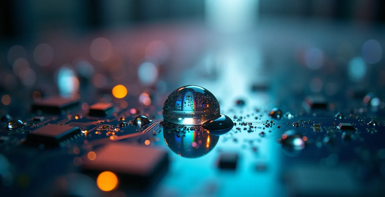 Dettaglio macro di circuiti elettronici con gocce d'acqua che simboleggiano la resilienza del cloud contro i disastri
