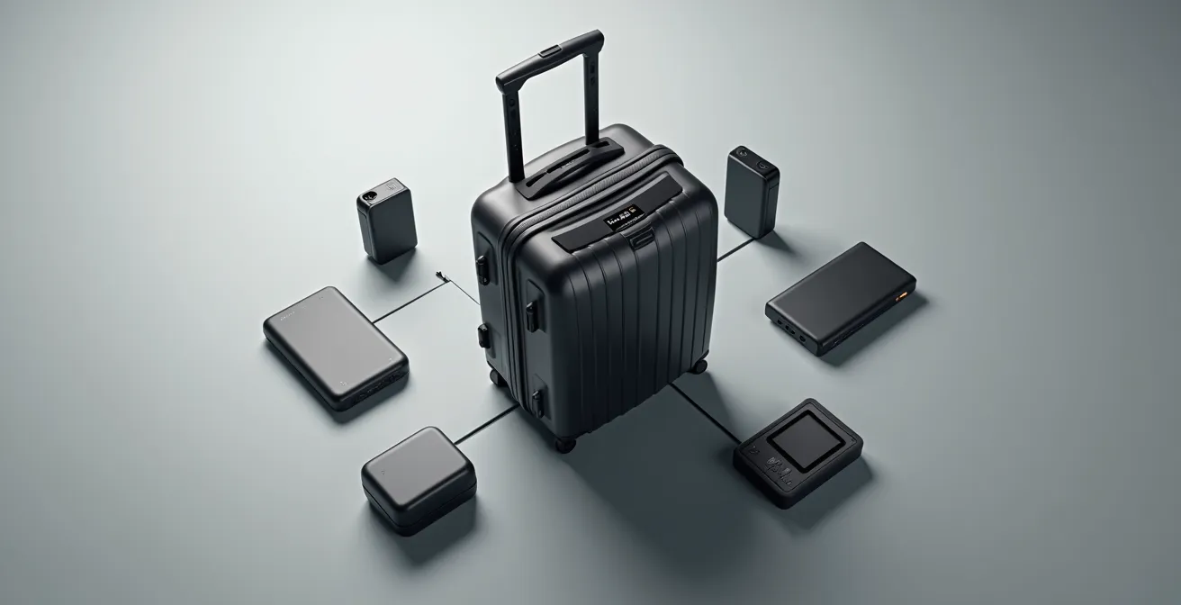 Disposizione modulare di accessori da viaggio esterni accanto a valigia tradizionale