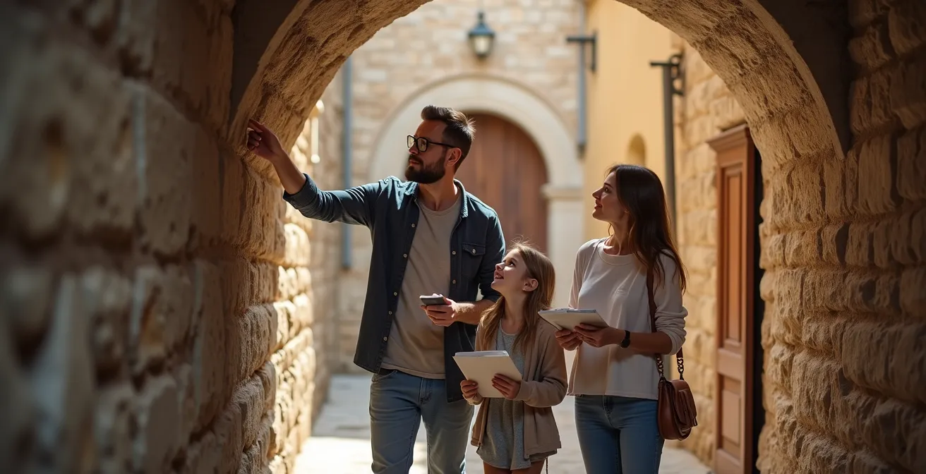 Famiglia con bambini che esplora un vicolo medievale durante un'attività di scoperta