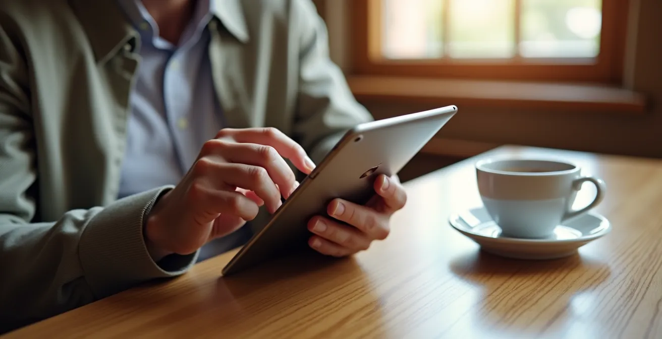 Persona che utilizza un tablet per accedere al Fascicolo Sanitario Elettronico in un ambiente domestico