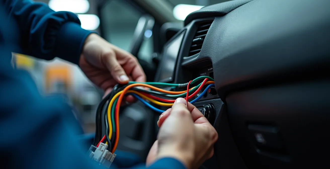 Meccanico installa sistema infotainment moderno in auto italiana classica