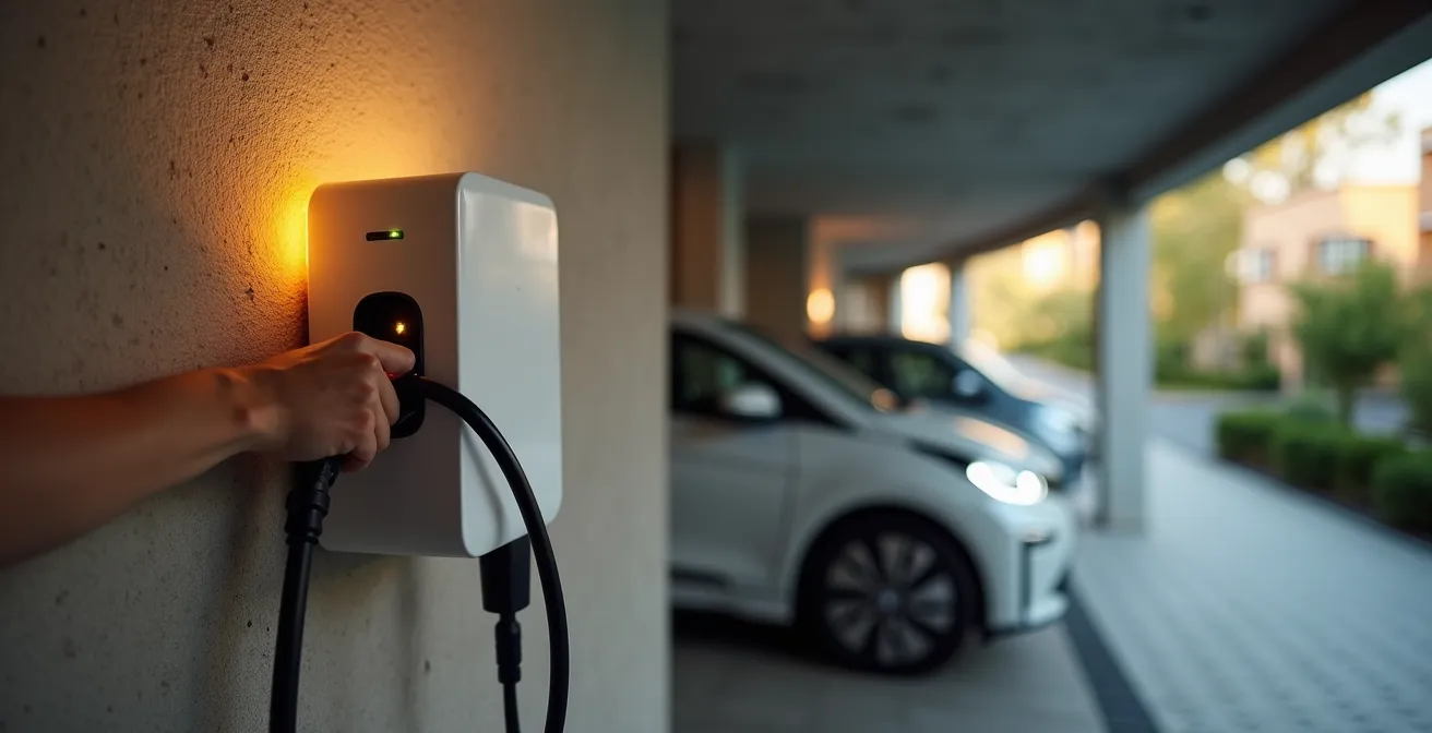 Vista di un box auto condominiale con wallbox installata sulla parete