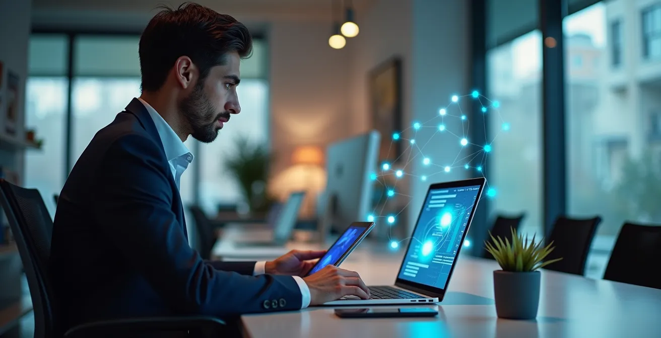 Vista laterale di una persona che lavora con più dispositivi collegati tra loro da fasci di luce