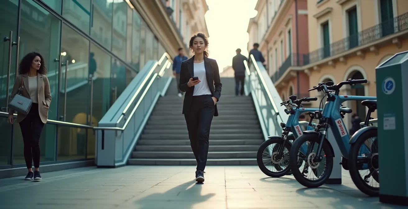 Hub di interscambio modale con metro, monopattini e bici elettriche in una stazione italiana