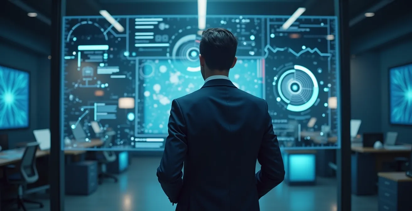 Imprenditore italiano che osserva ologrammi di dati fluttuanti rappresentanti l'analisi AI