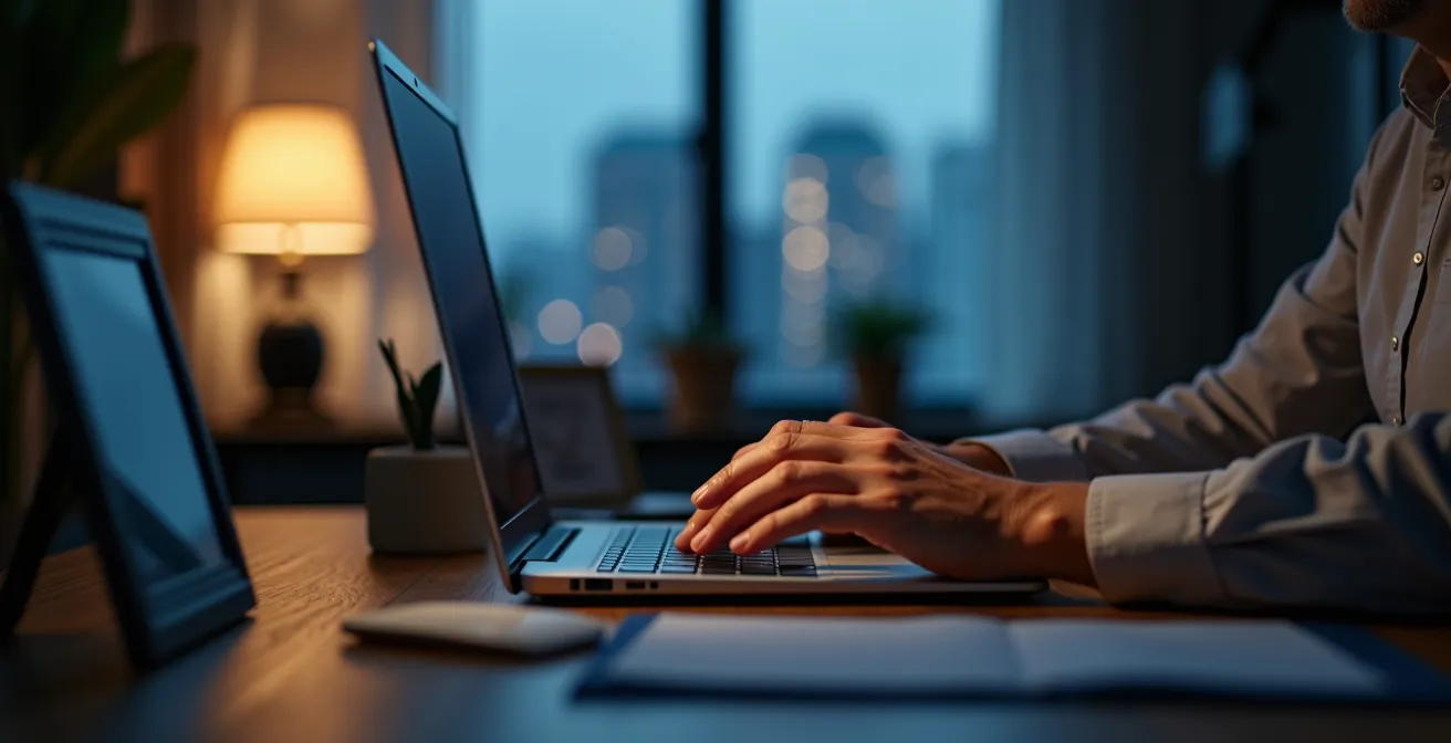 Manager che chiude il laptop alla sera per dedicarsi alla famiglia