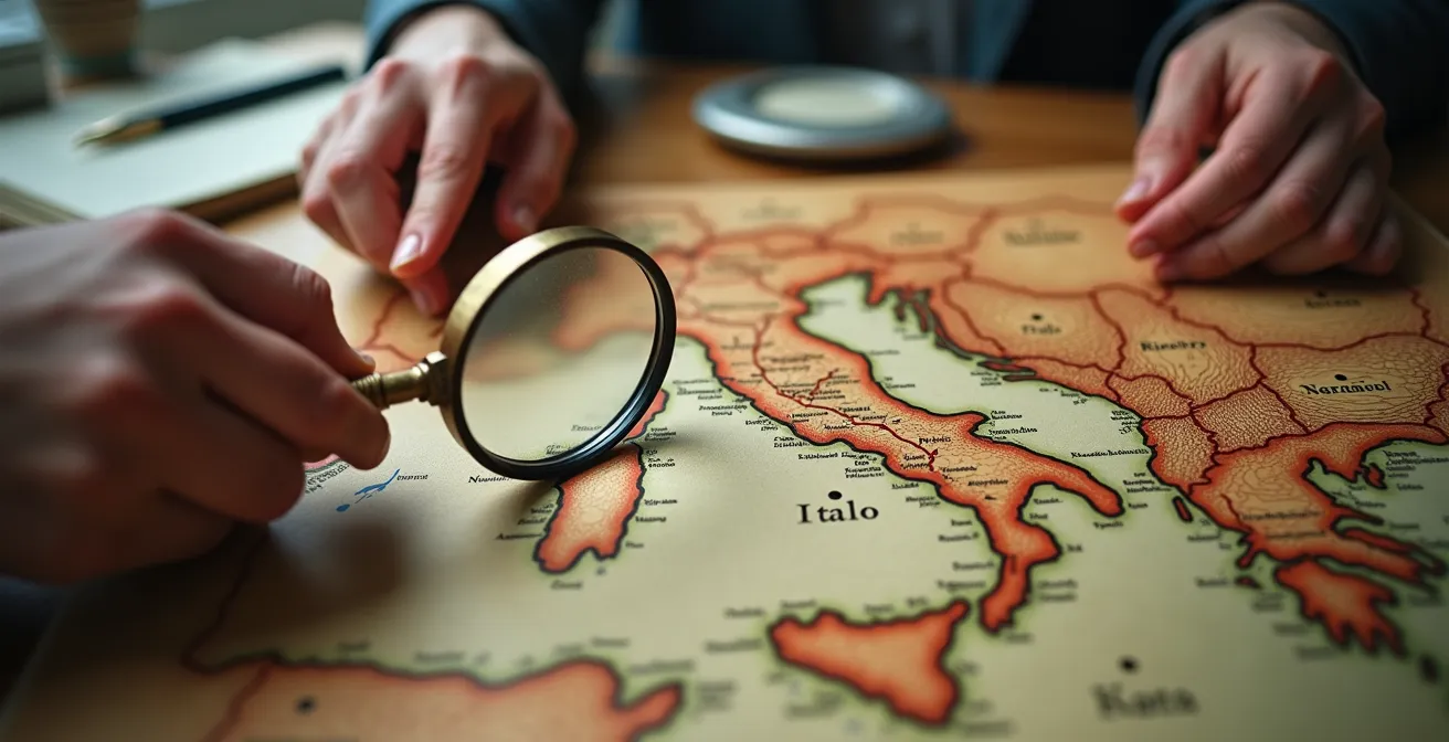 Mani che tengono una mappa antica dell'Italia con un percorso artistico segnato, mentre una lente d'ingrandimento si concentra su un dettaglio.