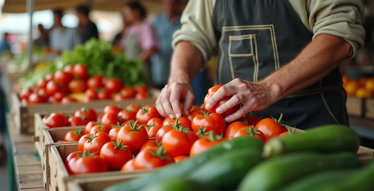 Banco del mercato contadino con verdure biologiche fresche e produttore locale