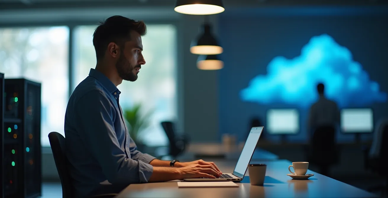 Rappresentazione della migrazione cloud ibrido con datacenter italiano e connessione ultraveloce