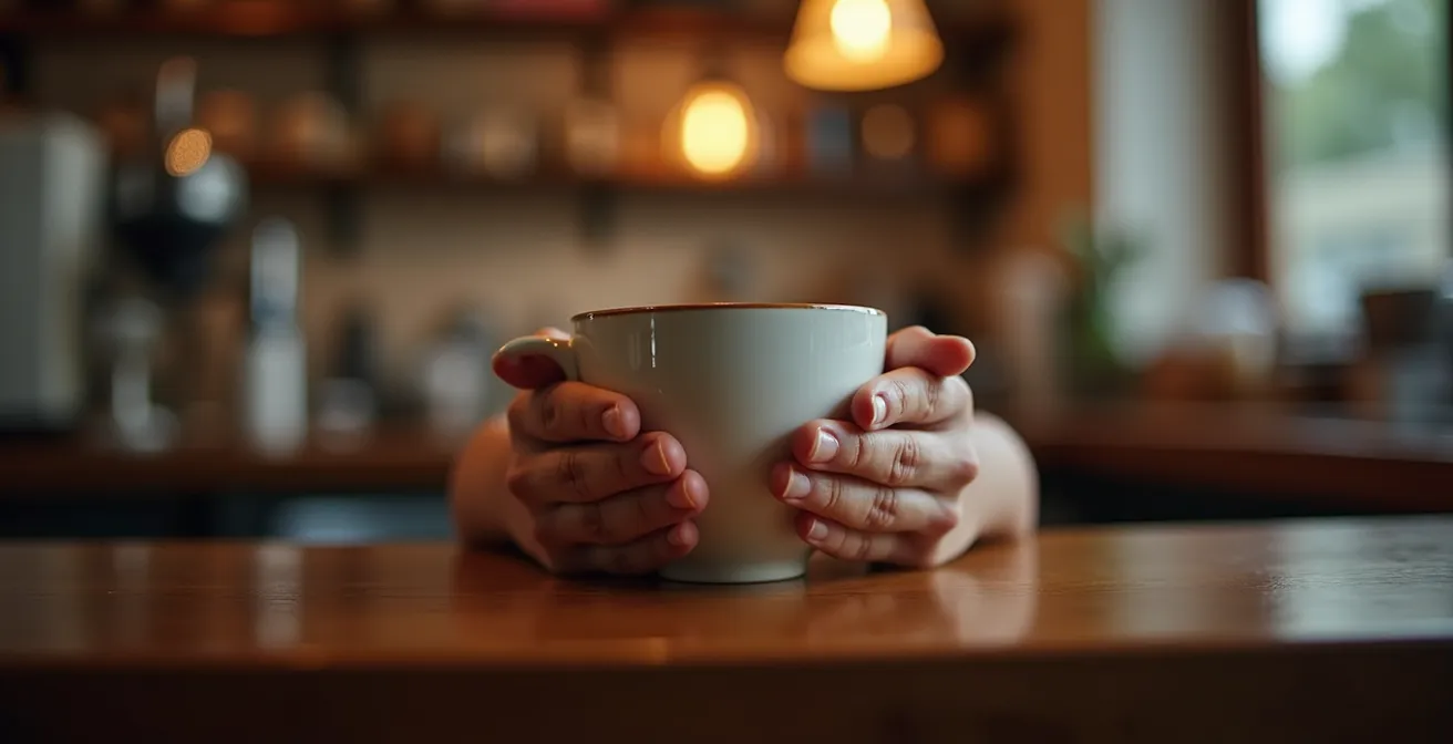 Mani che tengono una tazzina di caffè con attenzione consapevole in un bar italiano