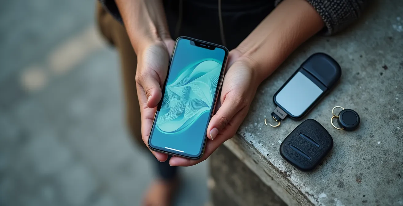 Dettaglio ravvicinato di chiavi digitali e app per sharing mobility