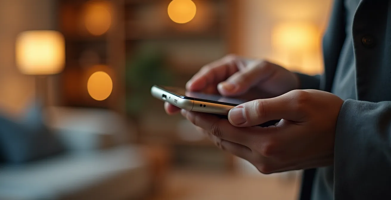 Mano che tiene smartphone mentre riprende l'interno di un appartamento al momento del check-in