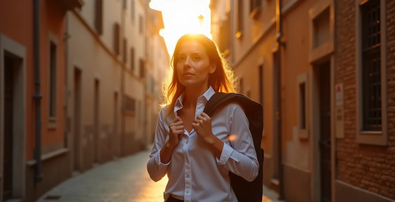 Professionista che cammina nel centro storico italiano al tramonto, in un momento di decompressione dopo il lavoro.