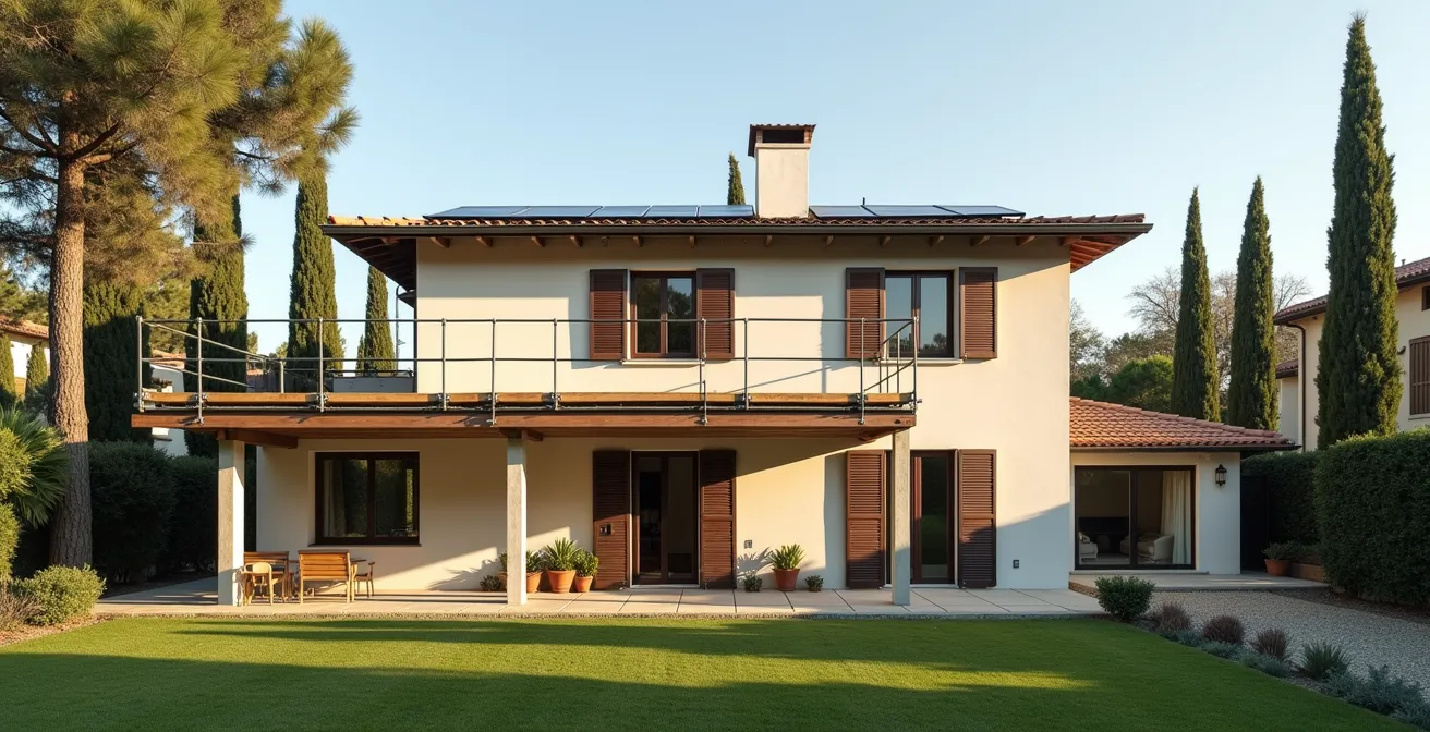 Vista d'insieme di una casa italiana in fase di riqualificazione energetica con diversi interventi visibili