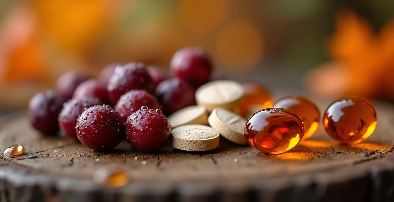 Dettaglio macro di ingredienti naturali per il sistema immunitario su tavolo di legno