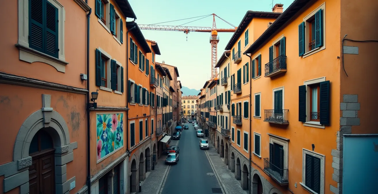 Vista aerea di un quartiere italiano in trasformazione con elementi di rinnovamento urbano