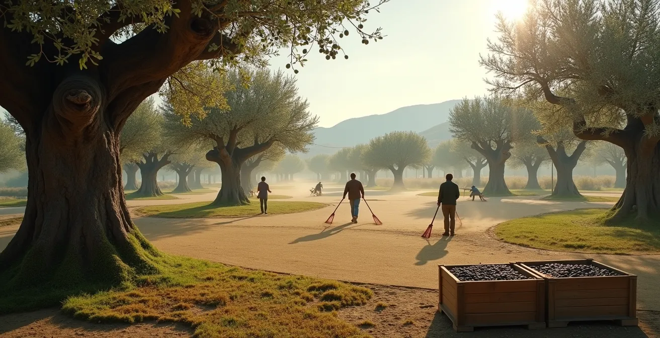 Raccolta tradizionale delle olive con reti sotto gli alberi secolari