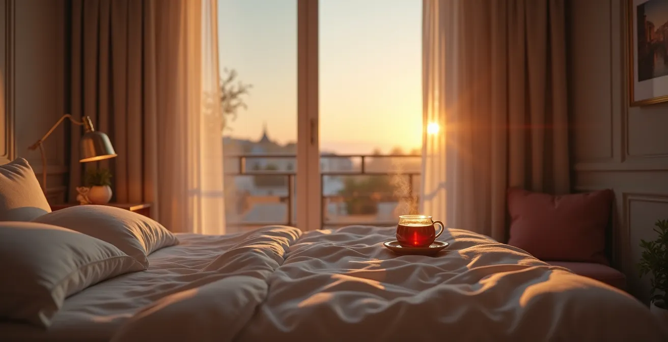 Camera da letto serale con atmosfera ideale per il riposo rigenerativo