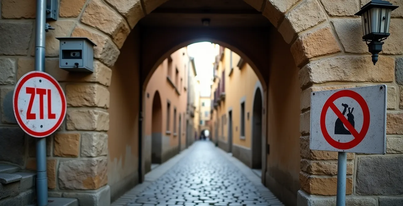 Vista laterale di un varco ZTL con telecamera in un borgo storico italiano