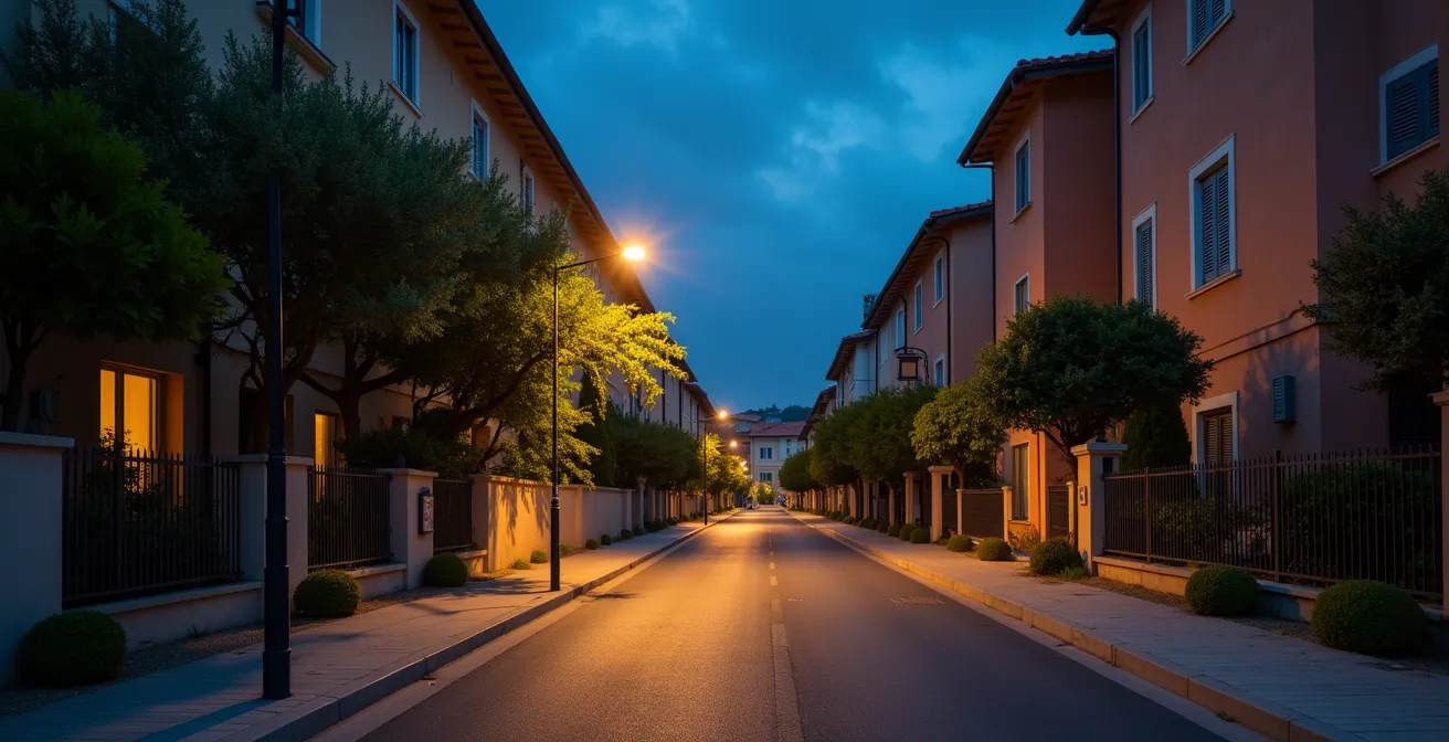 Strada urbana italiana con nuova illuminazione LED al tramonto