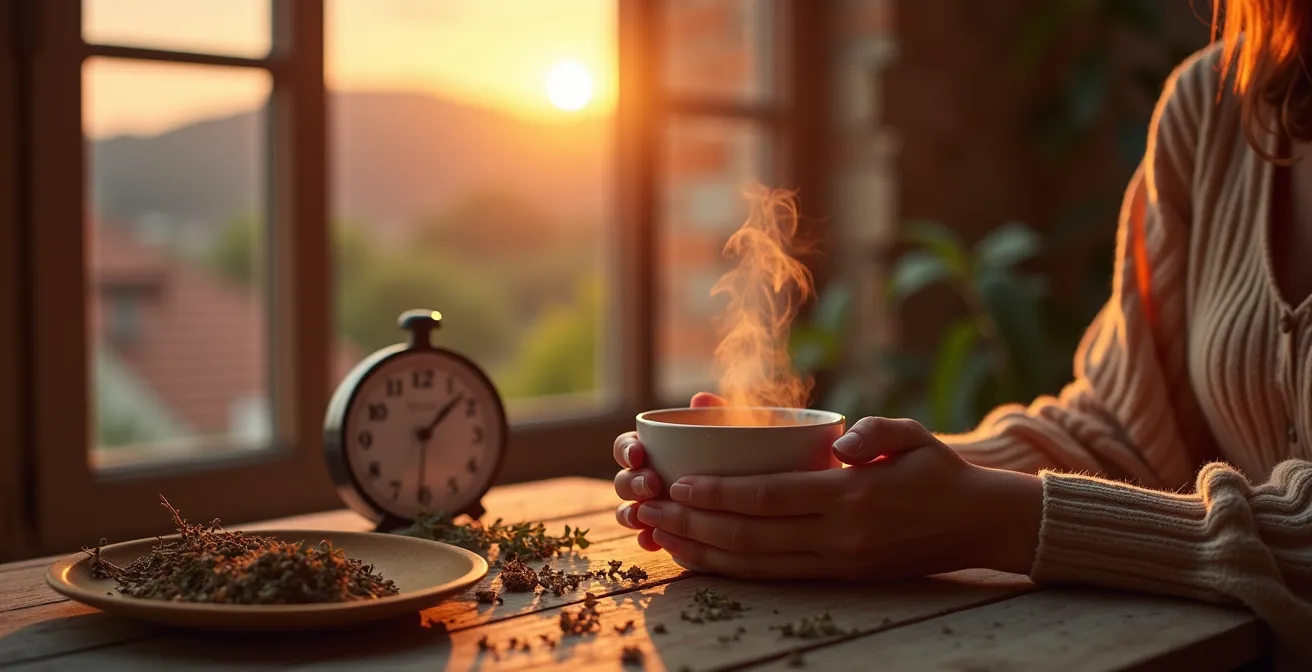 Tisana rilassante in ambiente serale italiano con atmosfera calda