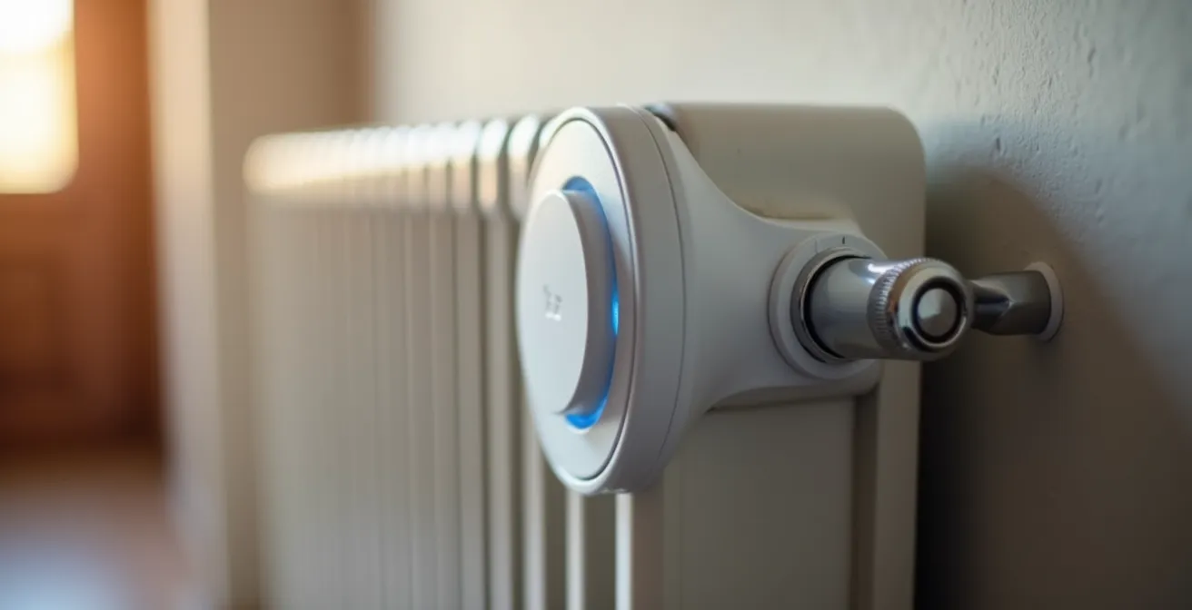 Dettaglio macro di una valvola termostatica intelligente installata su un termosifone