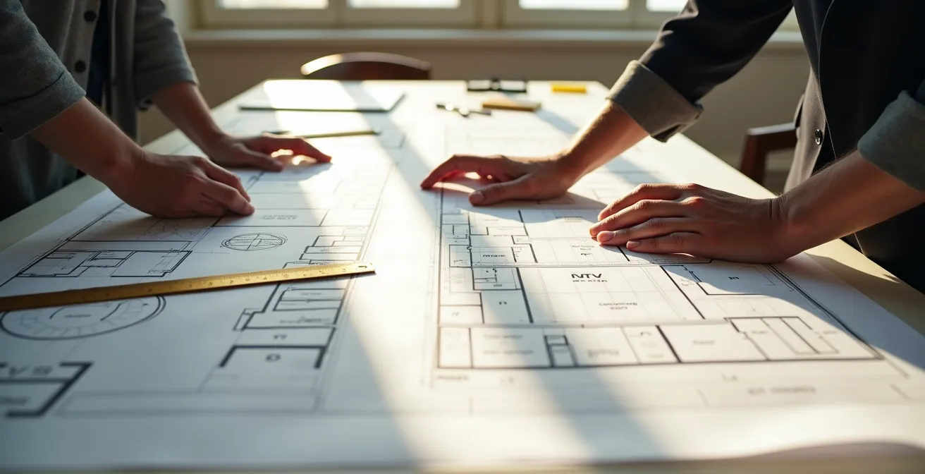 Professionista tecnico che esamina planimetrie catastali con strumenti di misurazione su scrivania