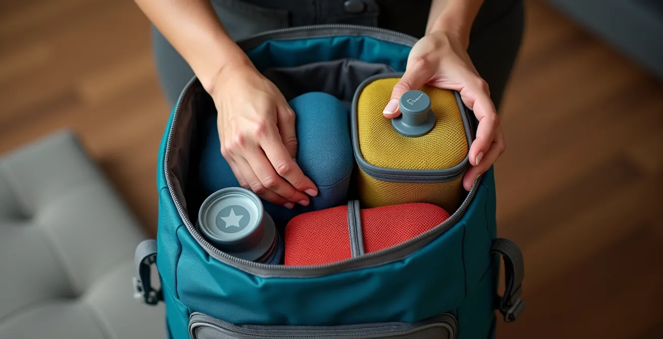 Zaino aperto con packing cubes compressi e gadget multifunzione organizzati