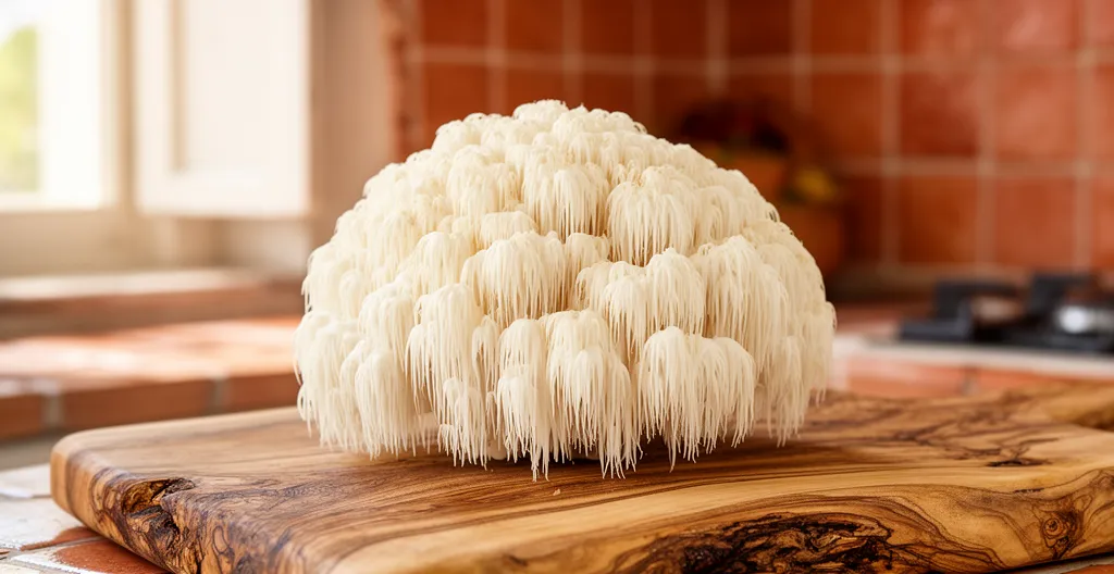 Fungo Lion's Mane fresco su tagliere in legno d'ulivo in cucina italiana tradizionale