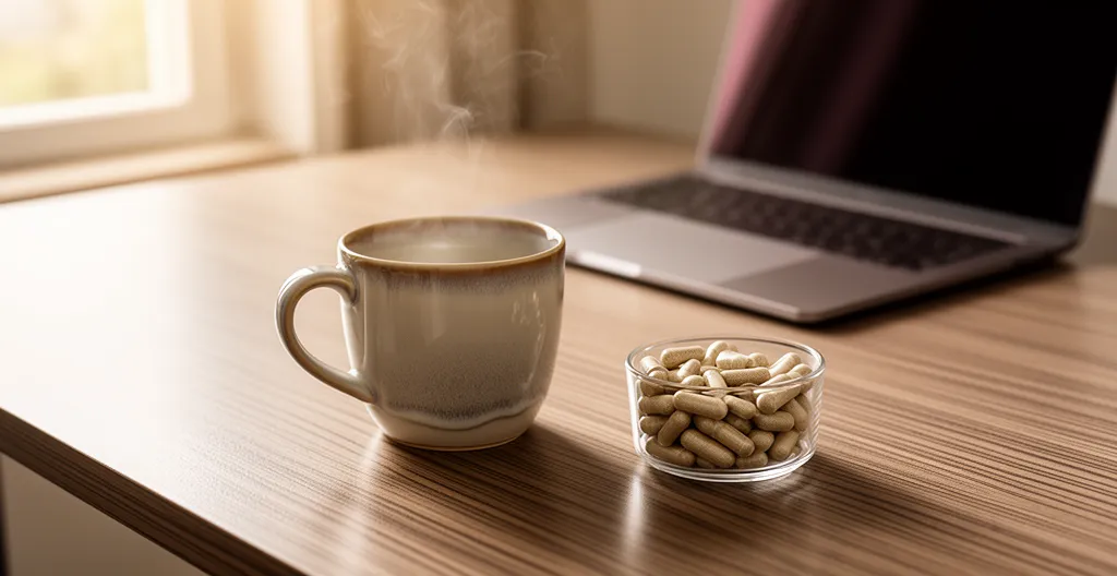Tazza fumante e capsule di integratori a base di funghi su scrivania in legno, luce mattutina