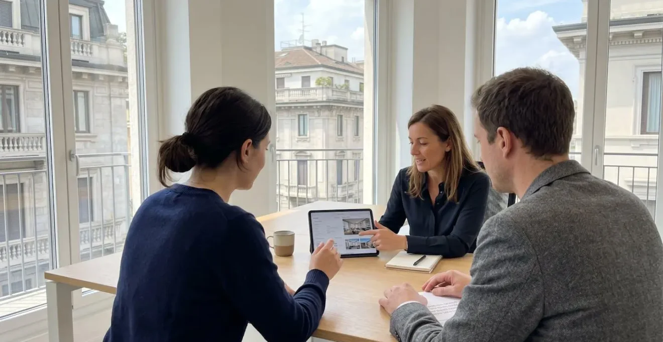Una coppia di trentenni vista di spalle discute con un agente immobiliare in un ufficio moderno milanese, consultando dati su un tablet con schermo sfocato