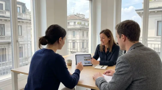 Una coppia di trentenni vista di spalle discute con un agente immobiliare in un ufficio moderno milanese, consultando dati su un tablet con schermo sfocato