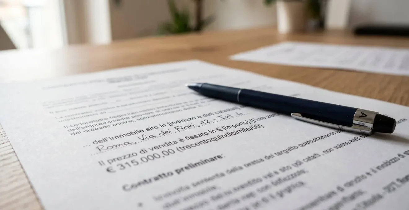 Primo piano ravvicinato di un documento contrattuale immobiliare con focus su clausola commissioni, penna poggiata sul foglio, sfondo ufficio sfocato