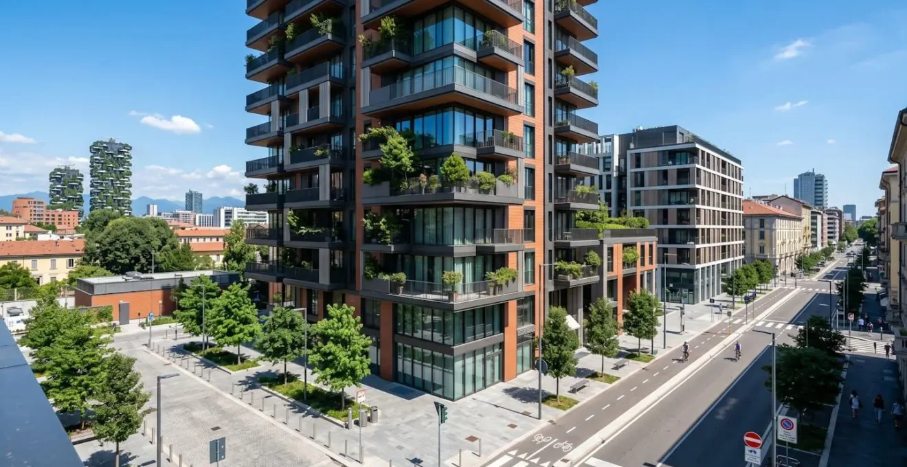 Veduta esterna di un edificio residenziale contemporaneo milanese in zona Porta Nuova con architettura moderna italiana, cielo sereno, strada urbana pulita