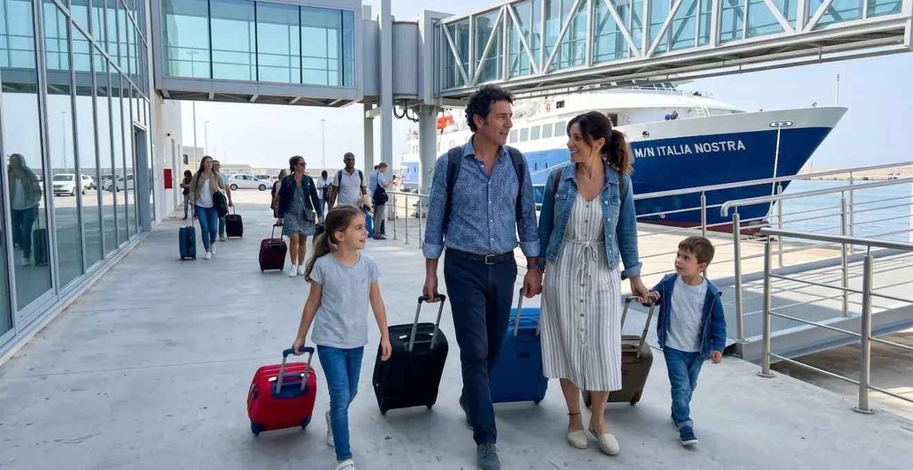 Una famiglia italiana con due bambini e bagagli si avvia verso la passerella di un moderno traghetto in un porto luminoso al mattino