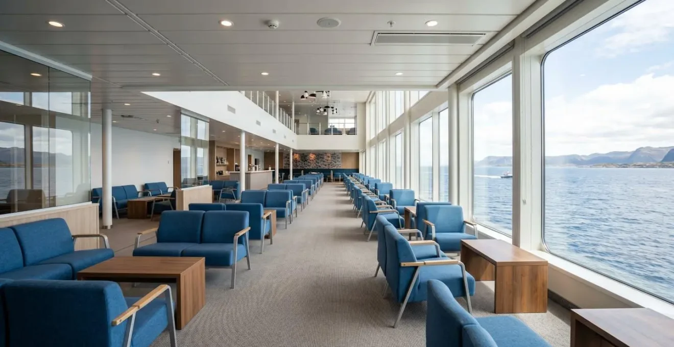 Ampio salone passeggeri di un traghetto moderno con sedute confortevoli blu e grandi vetrate panoramiche con vista mare, illuminato da luce naturale