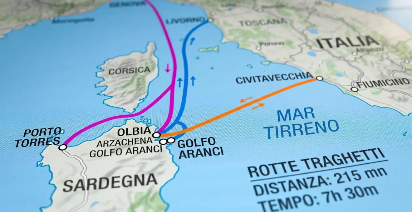 Dettaglio ravvicinato di una mappa geografica moderna che mostra le rotte marittime tra Italia e Sardegna con linee colorate che collegano i porti